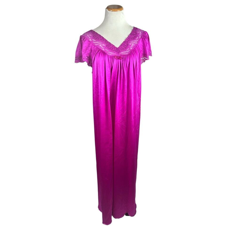 SHADOWLINE Nightgown Pink Long Short Sleeve Lace Trim‎ Women's Sz XL Vintage